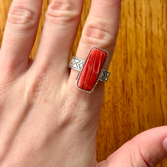 Red Spiny Ring with Stamped Band