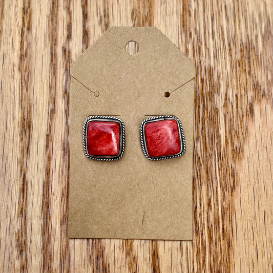Red Spiny Square Studs