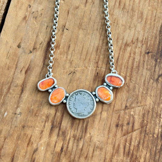 Orange Spiny + Liberty Coin Necklace